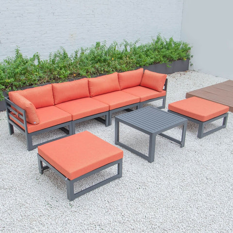 Chelsea 7-Piece Patio Ottoman Sectional And Coffee Table Set Black Aluminum With Cushions