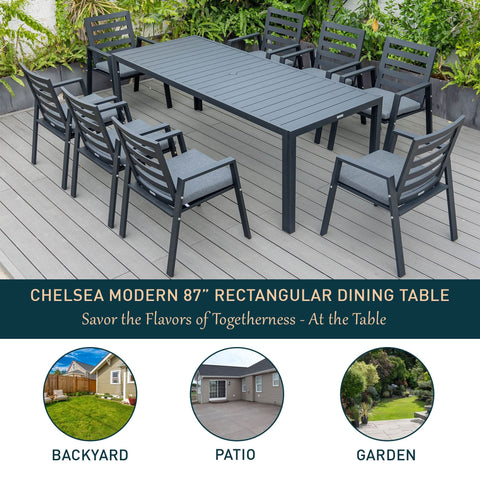 Chelsea Mid-Century Modern 63" & 87" Rectangular Outdoor Dining Table, Black Aluminum