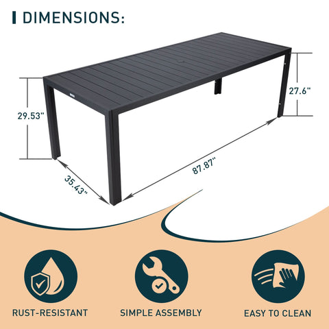 Chelsea Mid-Century Modern 63" & 87" Rectangular Outdoor Dining Table, Black Aluminum