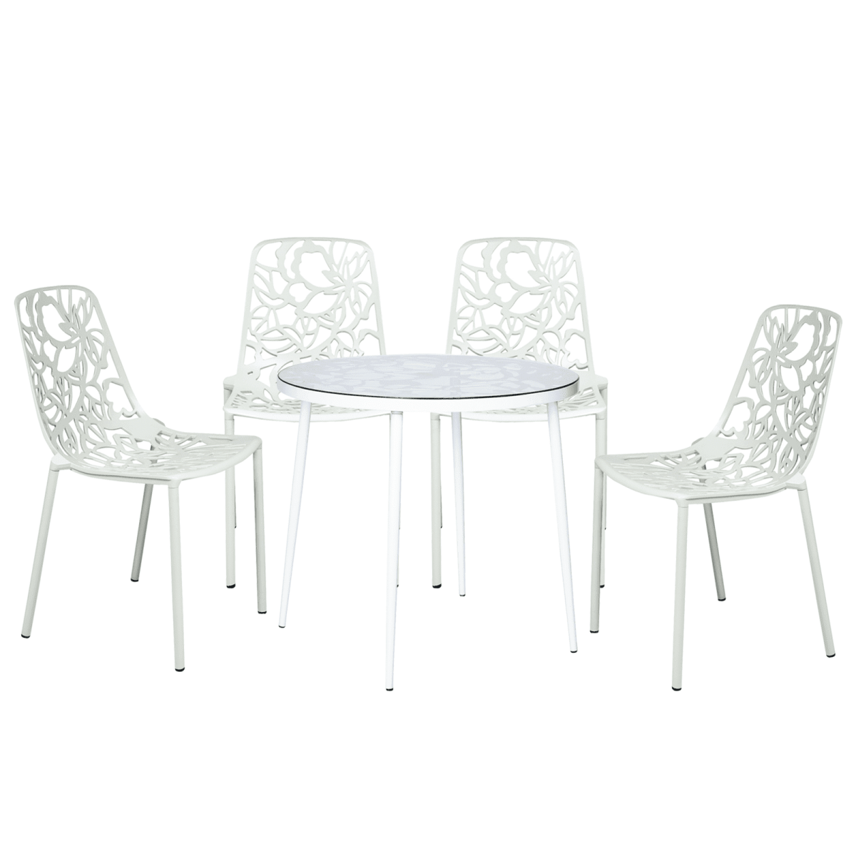 Devon 5 - Piece Patio Dining Set: Aluminum Table with Glass Top & 4 Stackable Flower Chairs