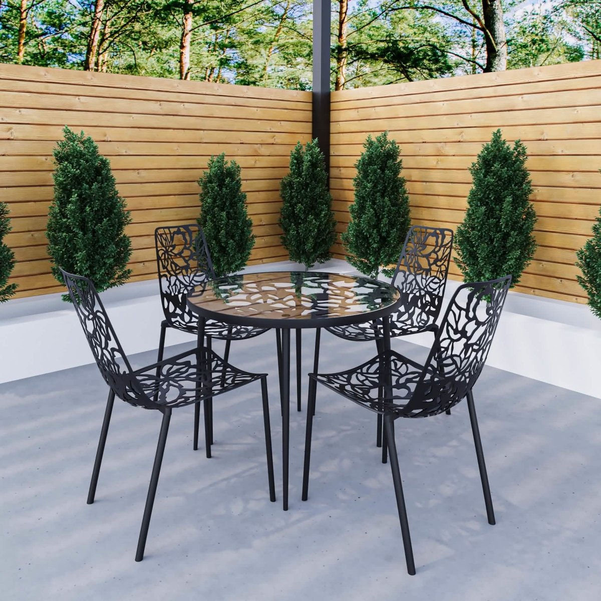 Devon 5 - Piece Patio Dining Set: Aluminum Table with Glass Top & 4 Stackable Flower Chairs