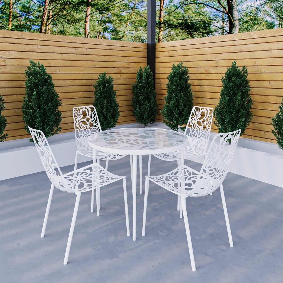 Devon 5 - Piece Patio Dining Set: Aluminum Table with Glass Top & 4 Stackable Flower Chairs