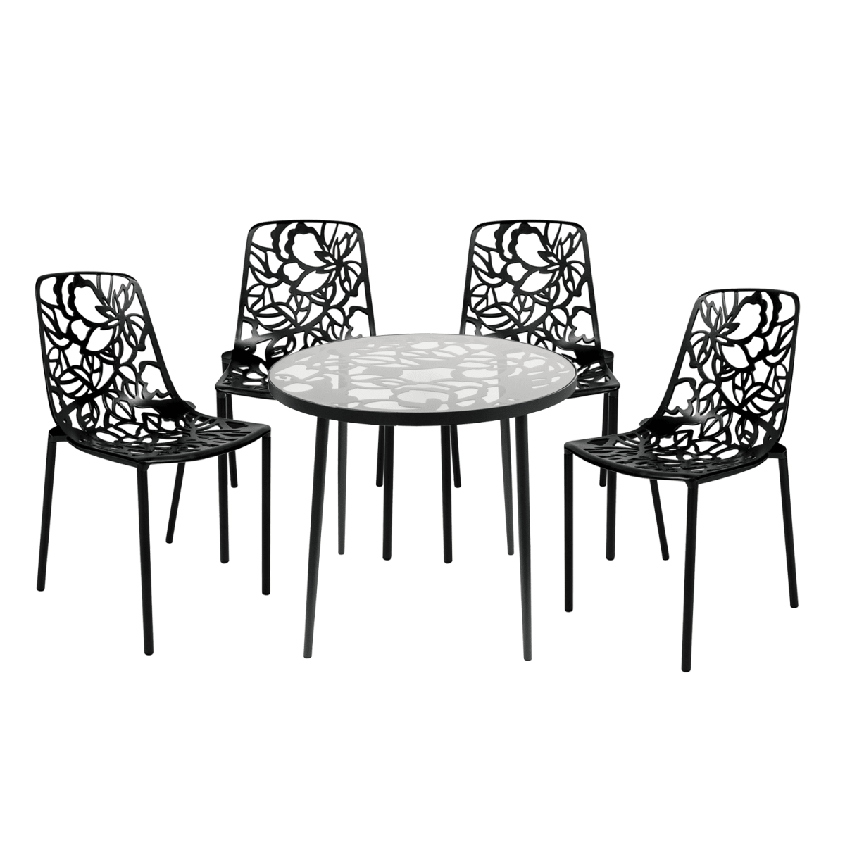 Devon 5 - Piece Patio Dining Set: Aluminum Table with Glass Top & 4 Stackable Flower Chairs