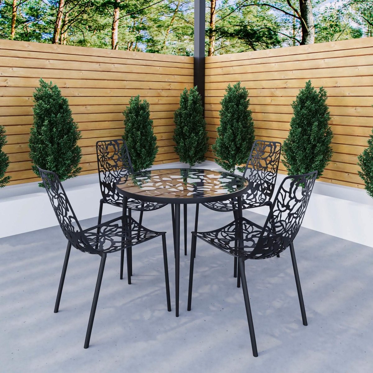 Devon 5 - Piece Patio Dining Set: Aluminum Table with Glass Top & 4 Stackable Flower Chairs