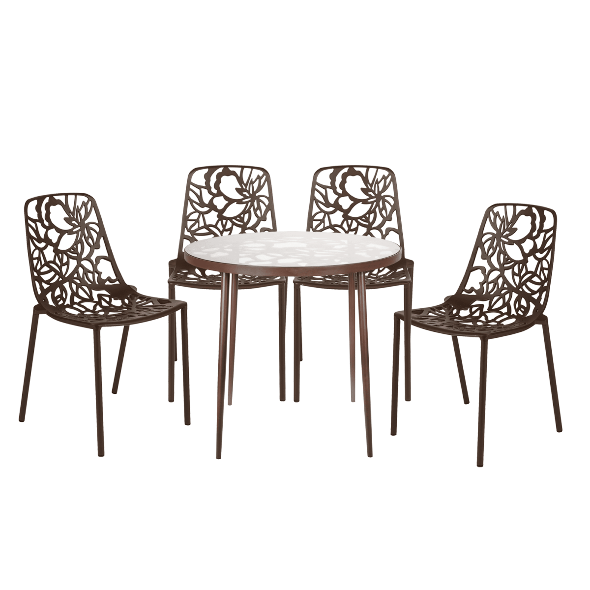 Devon 5 - Piece Patio Dining Set: Aluminum Table with Glass Top & 4 Stackable Flower Chairs