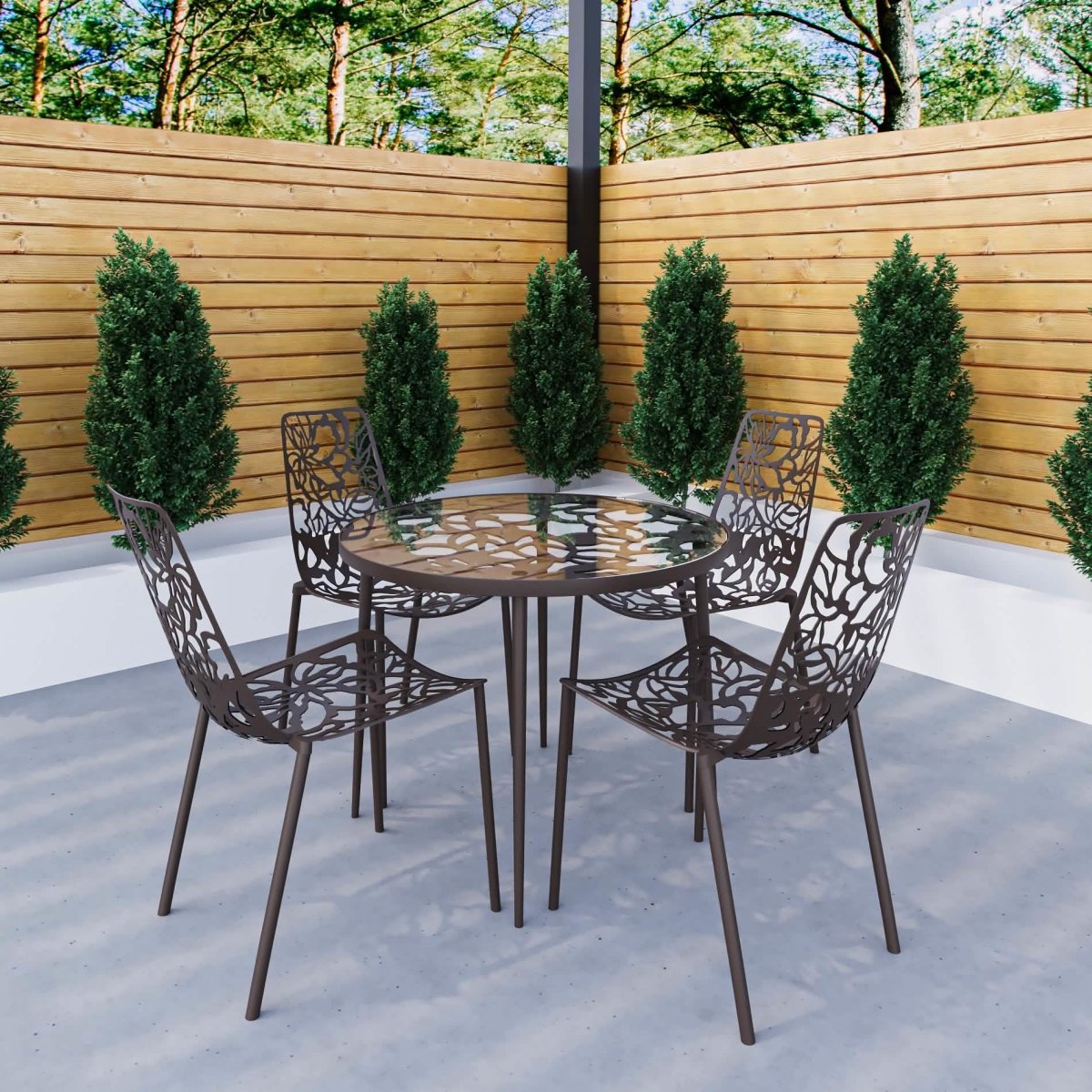 Devon 5 - Piece Patio Dining Set: Aluminum Table with Glass Top & 4 Stackable Flower Chairs