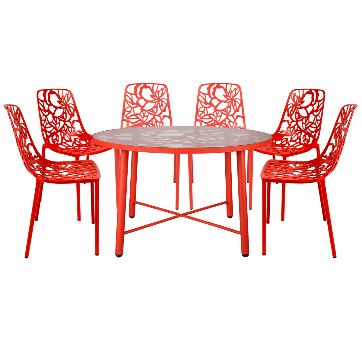 Devon 7 - Piece Outdoor Dining Set: Aluminum Table with Glass Top & 6 Stackable Flower Chairs