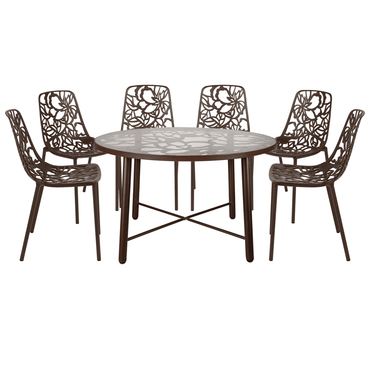 Devon 7 - Piece Outdoor Dining Set: Aluminum Table with Glass Top & 6 Stackable Flower Chairs