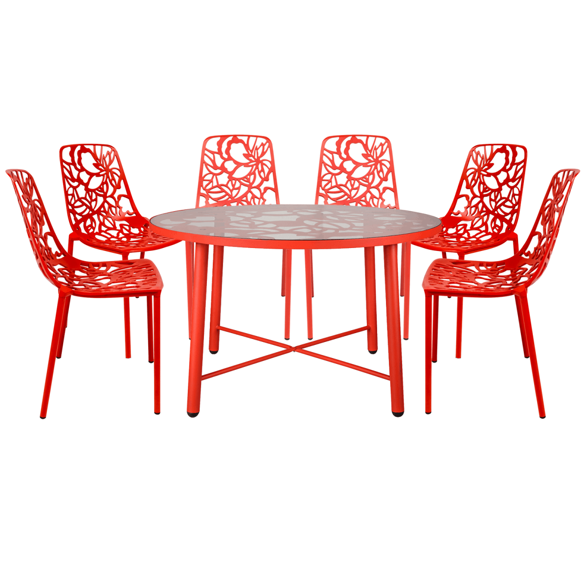 Devon 7 - Piece Outdoor Dining Set: Aluminum Table with Glass Top & 6 Stackable Flower Chairs