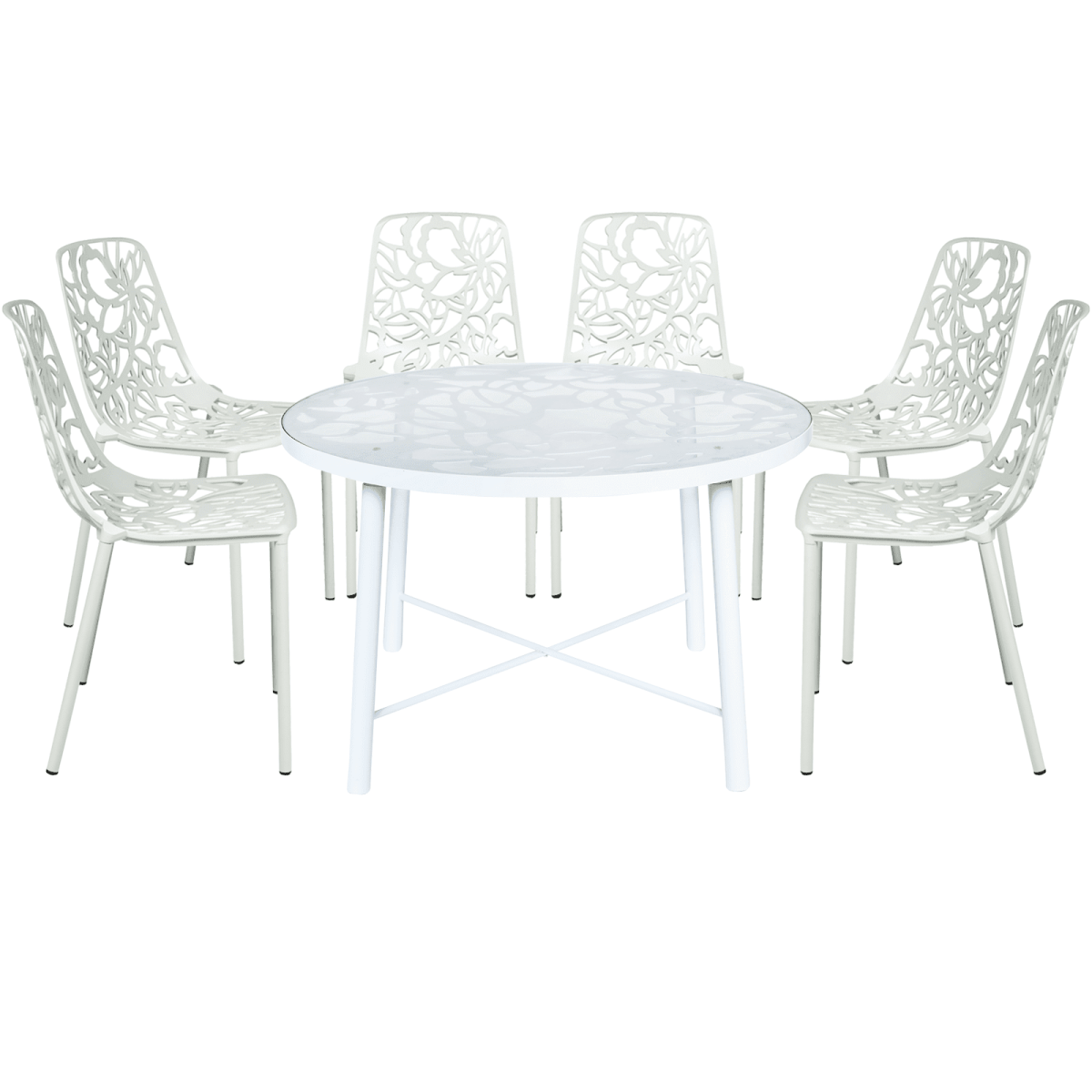 Devon 7 - Piece Outdoor Dining Set: Aluminum Table with Glass Top & 6 Stackable Flower Chairs