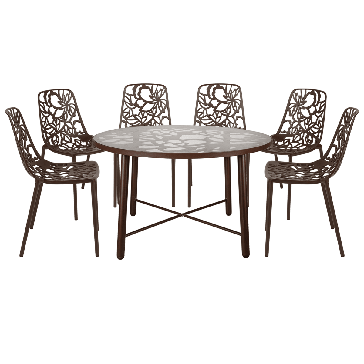Devon 7 - Piece Outdoor Dining Set: Aluminum Table with Glass Top & 6 Stackable Flower Chairs