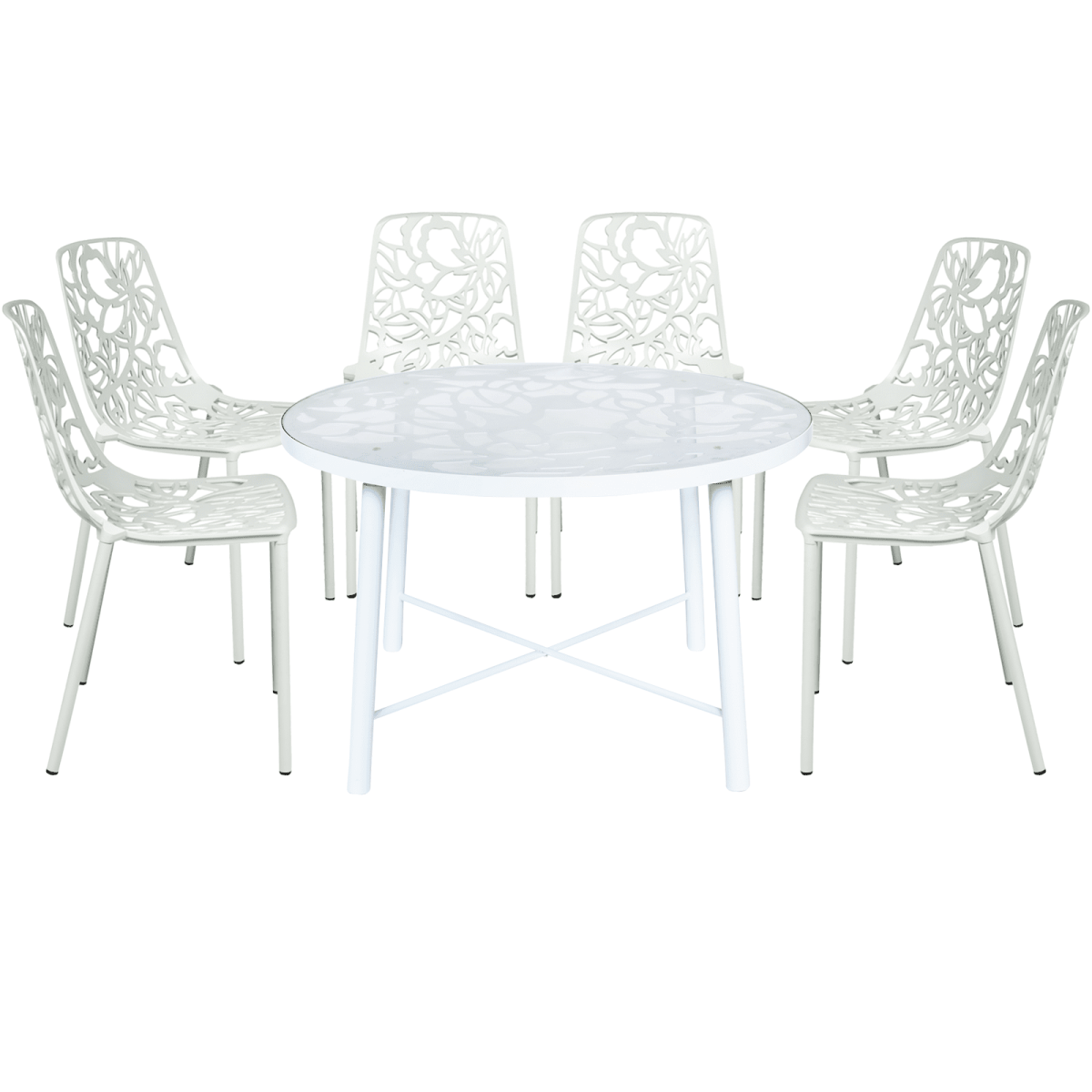 Devon 7 - Piece Outdoor Dining Set: Aluminum Table with Glass Top & 6 Stackable Flower Chairs