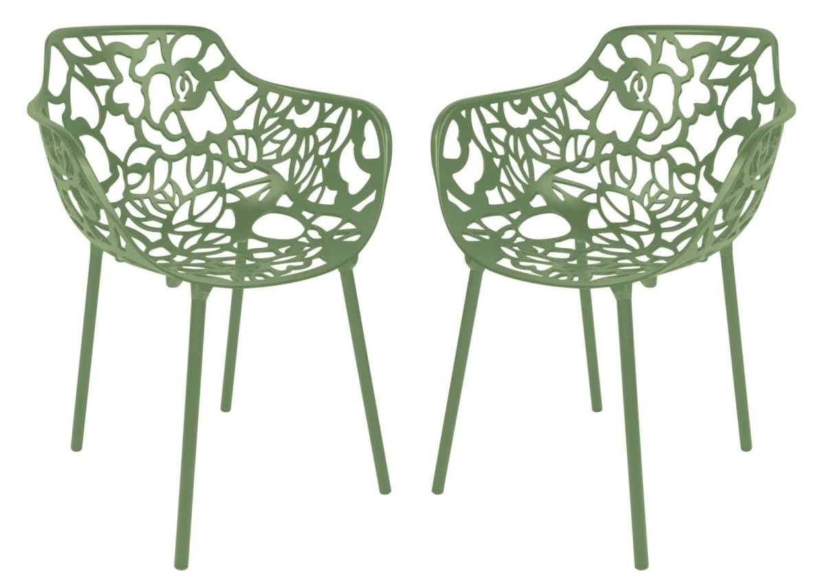 Devon Aluminum Indoor Outdoor Dining Armchairs with Flower Pattern and Stackable Design Set of 2