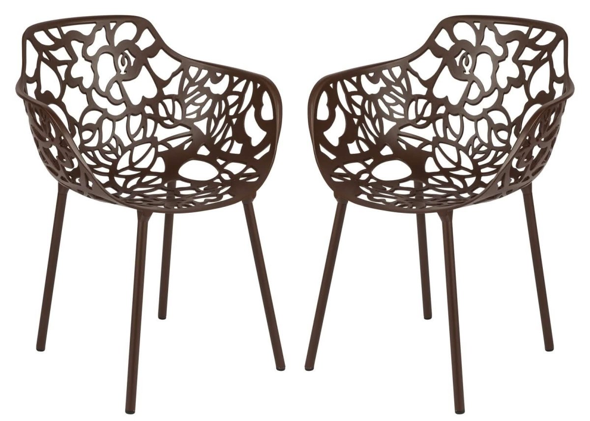 Devon Aluminum Indoor Outdoor Dining Armchairs with Flower Pattern and Stackable Design Set of 2