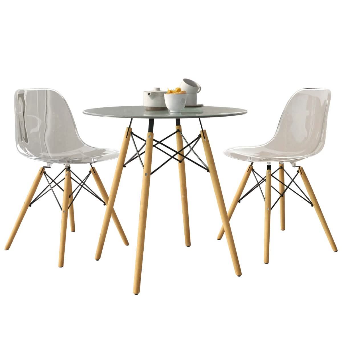 Dover 3 - Piece Dining Set with Round Clear Glass Top Bistro Table and 2 Plastic Chairs