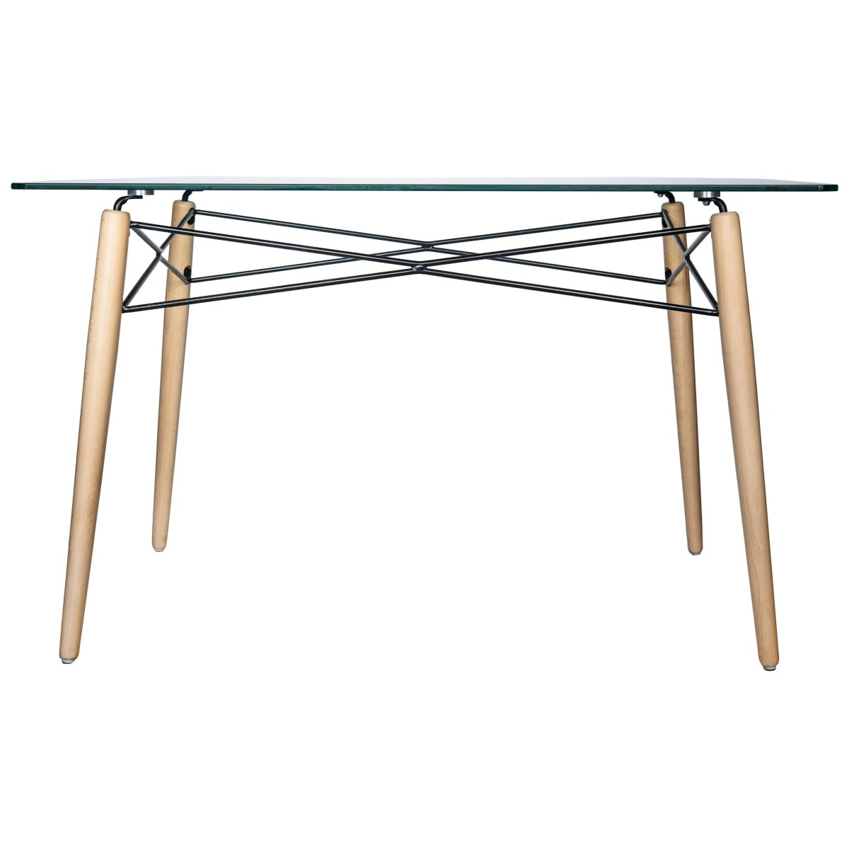 Dover Rectangle Dining Table With Glass Tabletop and Beech Wood Eiffel Base