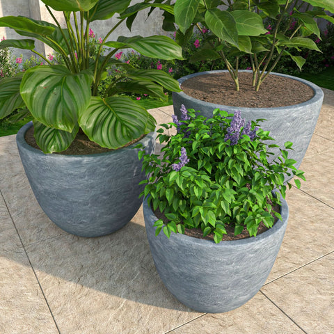 Dahlia 3-Piece Fiberstone and MGO Clay Planter Set, Mid-Century Modern Round Planter Pot for Indoor and Outdoor Home