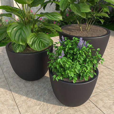 Dahlia 3-Piece Fiberstone and MGO Clay Planter Set, Mid-Century Modern Round Planter Pot for Indoor and Outdoor Home