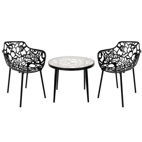 Devon 3-Piece Patio Dining Set: Aluminum Table with Glass Top & 2 Flower Arm Chairs