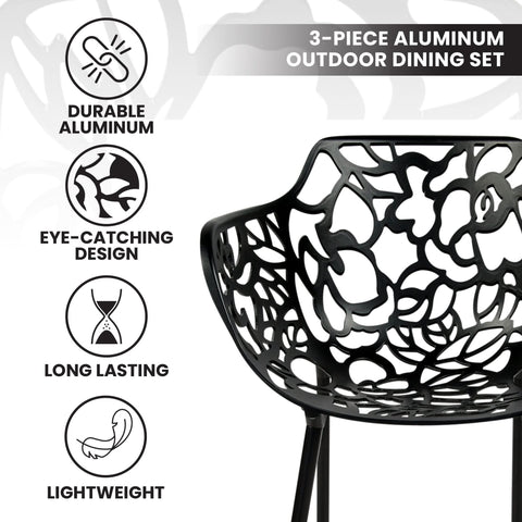 Devon 3-Piece Patio Dining Set: Aluminum Table with Glass Top & 2 Flower Arm Chairs