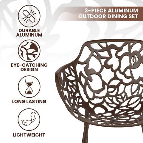 Devon 3-Piece Patio Dining Set: Aluminum Table with Glass Top & 2 Flower Arm Chairs