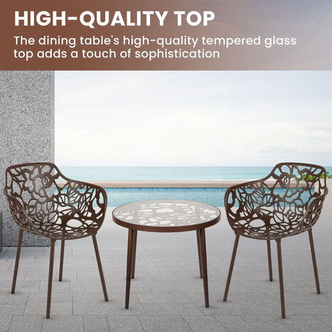 Devon 3-Piece Patio Dining Set: Aluminum Table with Glass Top & 2 Flower Arm Chairs