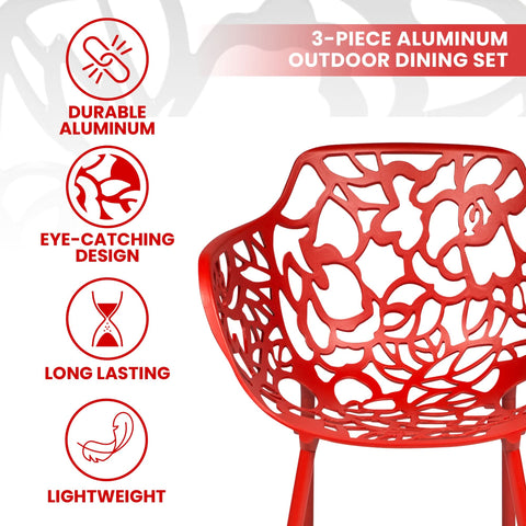 Devon 3-Piece Patio Dining Set: Aluminum Table with Glass Top & 2 Flower Arm Chairs