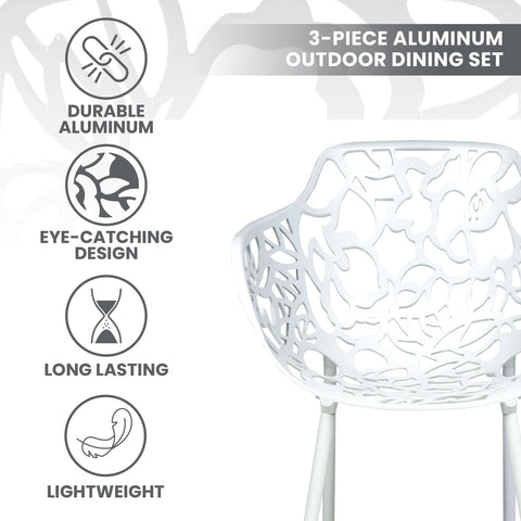 Devon 3-Piece Patio Dining Set: Aluminum Table with Glass Top & 2 Flower Arm Chairs