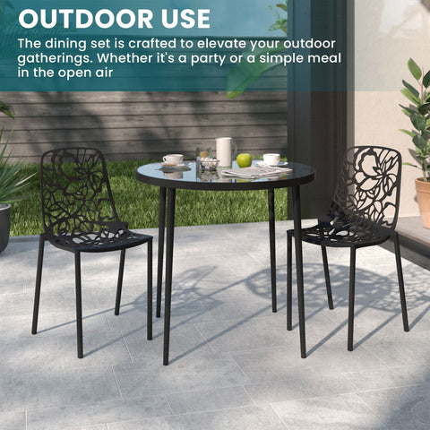 Devon 3-Piece Patio Dining Set: Aluminum Table with Glass Top & 2 Stackable Flower Chairs