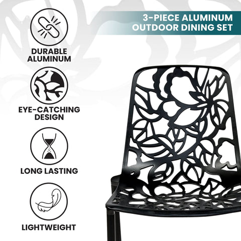 Devon 3-Piece Patio Dining Set: Aluminum Table with Glass Top & 2 Stackable Flower Chairs