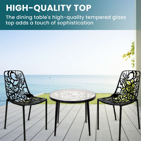 Devon 3-Piece Patio Dining Set: Aluminum Table with Glass Top & 2 Stackable Flower Chairs