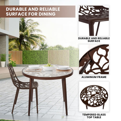 Devon 3-Piece Patio Dining Set: Aluminum Table with Glass Top & 2 Stackable Flower Chairs