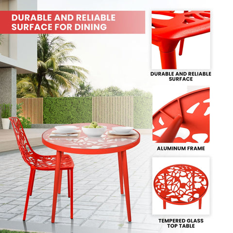 Devon 3-Piece Patio Dining Set: Aluminum Table with Glass Top & 2 Stackable Flower Chairs