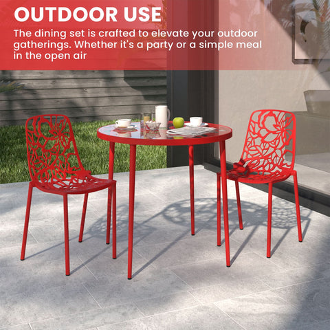 Devon 3-Piece Patio Dining Set: Aluminum Table with Glass Top & 2 Stackable Flower Chairs