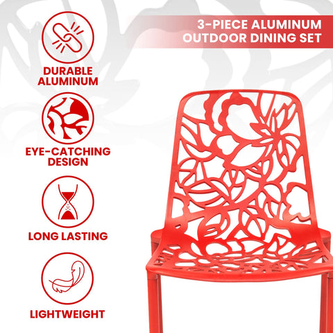 Devon 3-Piece Patio Dining Set: Aluminum Table with Glass Top & 2 Stackable Flower Chairs