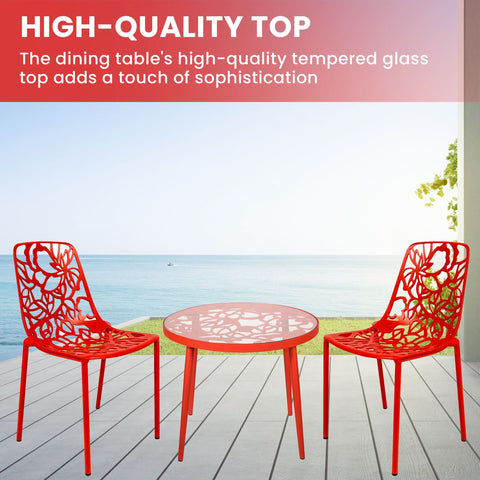 Devon 3-Piece Patio Dining Set: Aluminum Table with Glass Top & 2 Stackable Flower Chairs