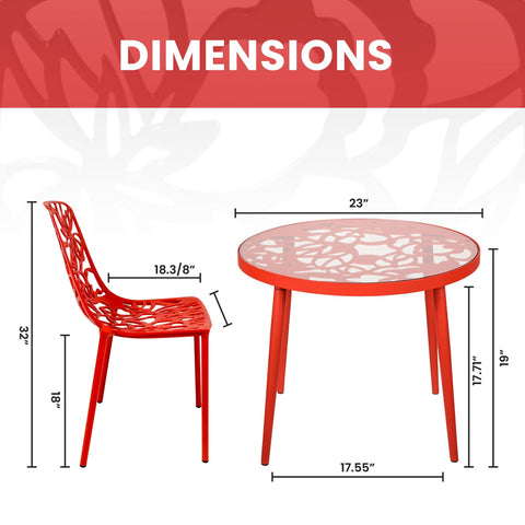 Devon 3-Piece Patio Dining Set: Aluminum Table with Glass Top & 2 Stackable Flower Chairs