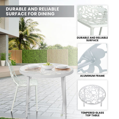 Devon 3-Piece Patio Dining Set: Aluminum Table with Glass Top & 2 Stackable Flower Chairs