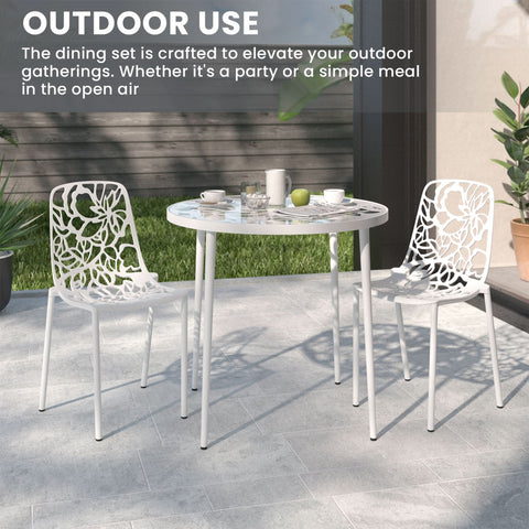 Devon 3-Piece Patio Dining Set: Aluminum Table with Glass Top & 2 Stackable Flower Chairs