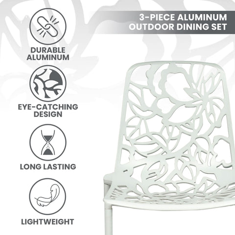 Devon 3-Piece Patio Dining Set: Aluminum Table with Glass Top & 2 Stackable Flower Chairs