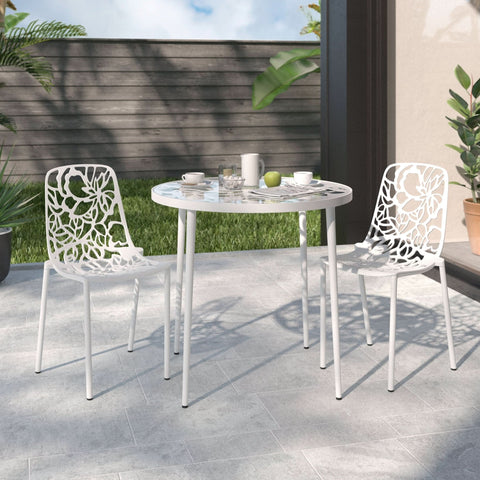 Devon 3-Piece Patio Dining Set: Aluminum Table with Glass Top & 2 Stackable Flower Chairs
