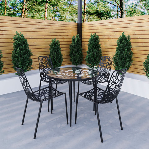 Devon 5-Piece Patio Dining Set: Aluminum Table with Glass Top & 4 Stackable Flower Chairs