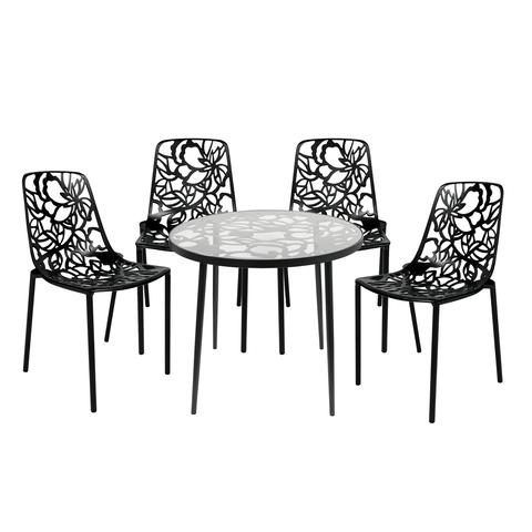 Devon 5-Piece Patio Dining Set: Aluminum Table with Glass Top & 4 Stackable Flower Chairs