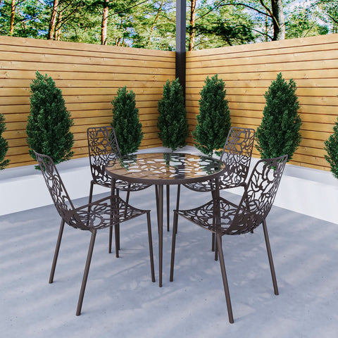 Devon 5-Piece Patio Dining Set: Aluminum Table with Glass Top & 4 Stackable Flower Chairs