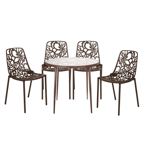 Devon 5-Piece Patio Dining Set: Aluminum Table with Glass Top & 4 Stackable Flower Chairs