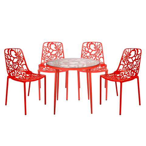 Devon 5-Piece Patio Dining Set: Aluminum Table with Glass Top & 4 Stackable Flower Chairs