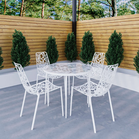 Devon 5-Piece Patio Dining Set: Aluminum Table with Glass Top & 4 Stackable Flower Chairs