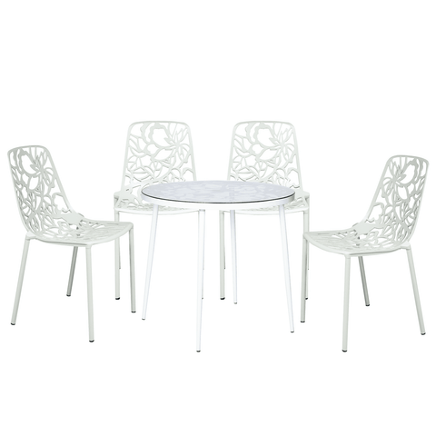 Devon 5-Piece Patio Dining Set: Aluminum Table with Glass Top & 4 Stackable Flower Chairs
