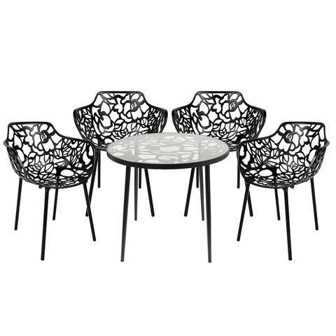 Devon 5-Piece Outdoor Dining Set: Aluminum Table with Glass Top & 4 Flower Armchairs