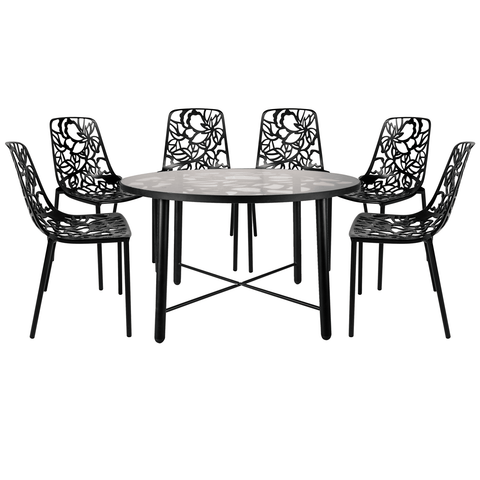 Devon 7-Piece Outdoor Dining Set: Aluminum Table with Glass Top & 6 Stackable Flower Chairs